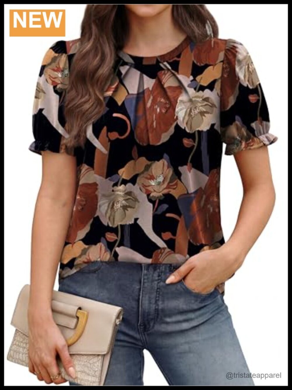 Womens Short Puff Sleeve Blouse Pleated Curved Hem Business Casual Top